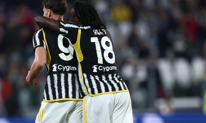 Moise Kean of Juventus Fc celebrates with his team mate Dusan Vlahovic after scoring a goal but canceled by the VAR system during the Serie A match beetween Juventus Fc and Hellas Verona FC at Allianz Stadium on October 28, 2023 in Turin, Italy .
