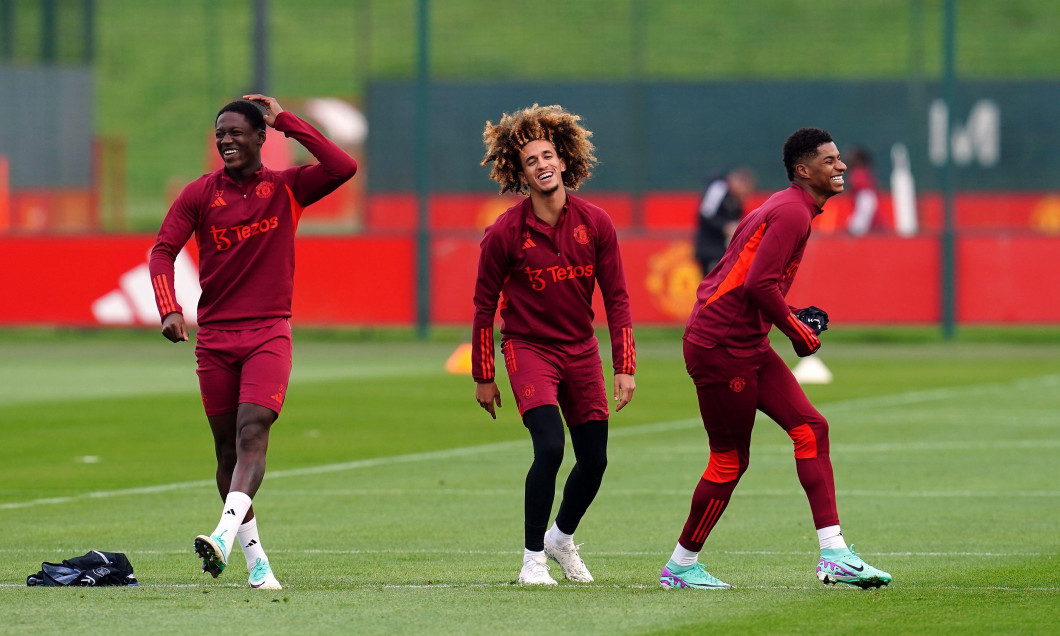 Manchester United's Kobbie Mainoo, Hannibal Mejbri and Marcus Rashford (left-right) during a training session at the Trafford Training Centre in Carrington, Greater Manchester. Picture date: Monday October 23, 2023.
