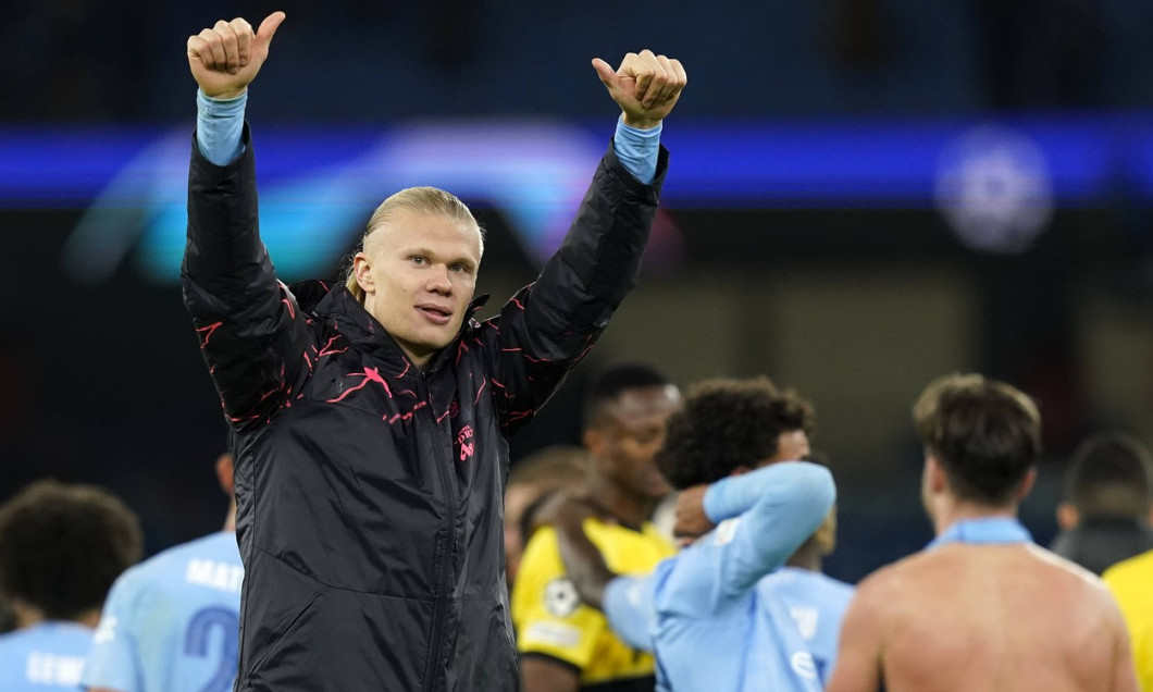Manchester, England, 7th November 2023. Erling Haaland of Manchester City celebrates at the final whistle during the UEF