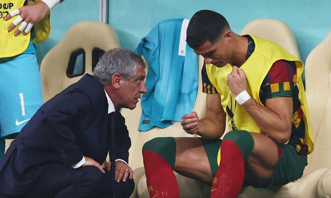 Doha, Qatar, 6th December 2022. Fernando Santos coach of Portugal talks to Cristiano Ronaldo of Portugal to bring him on during the FIFA World Cup 2022 match at Lusail Stadium, Doha. Picture credit should read: David Klein / Sportimage