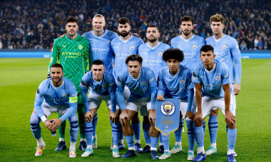 Manchester City goalkeeper Ederson, Erling Haaland, Josko Gvardiol, Mateo Kovacic, Ruben Dias, John Stones, Kyle Walker, Phil Foden, Jack Grealish, Rico Lewis and Matheus Nunes pose for a team photo on the pitch ahead of the UEFA Champions League Group G