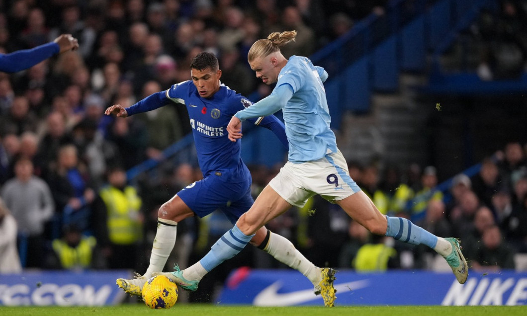 Erling Haaland of Man City and Thiago Silva of Chelsea during the Premier League match between Chelsea and Manchester Ci