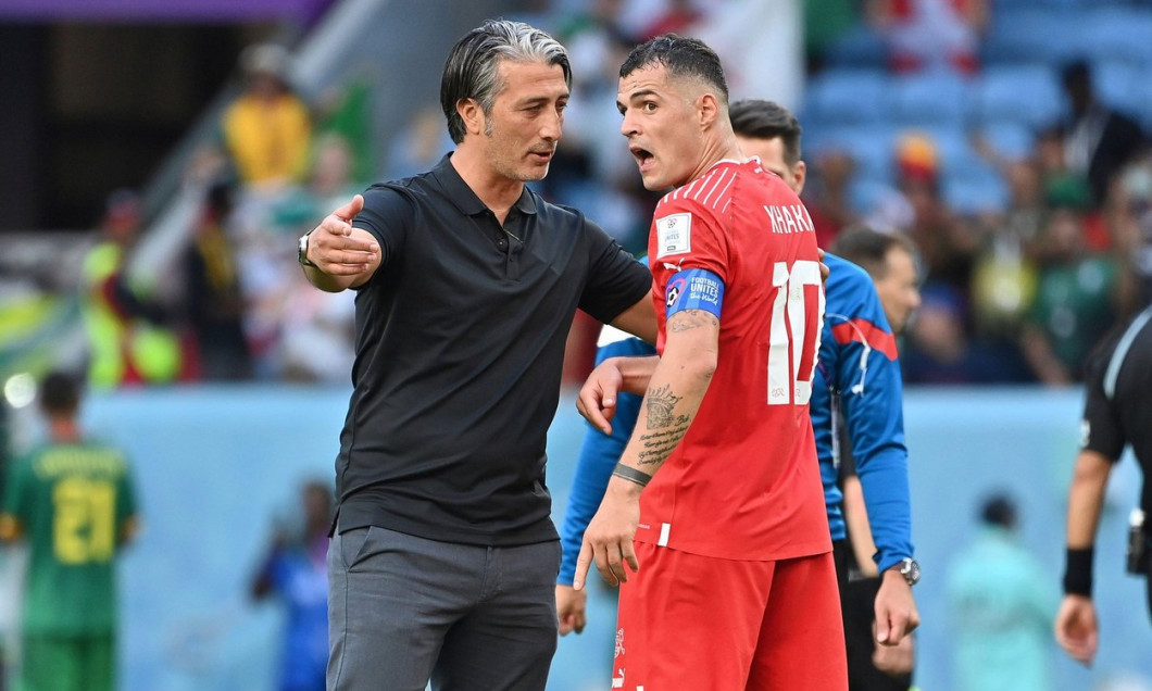 Qatar. 24th Nov, 2022. coach Murat YAKIN (SUI) with Granit XHAKA (SUI) Switzerland (SUI) - Cameroon (CMR) 1-0 Group stage Group G on 11/24/2022, Al Janoub Stadium. Soccer World Cup 2022 in Qatar from 20.11. - 18.12.2022 ? Credit: dpa picture alliance/Alam