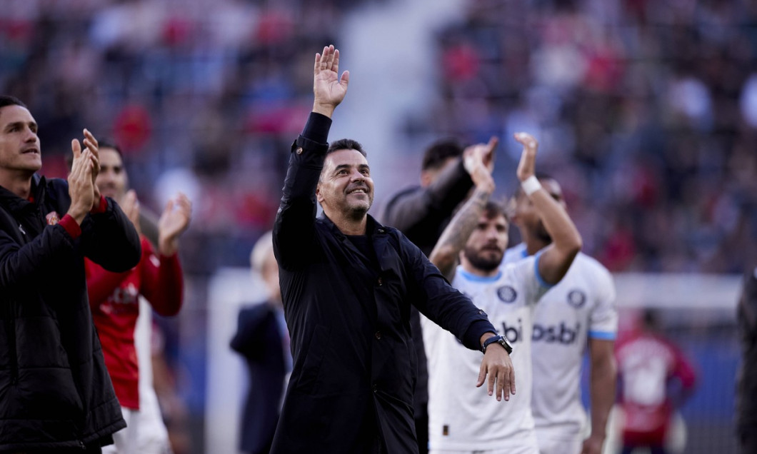 CA Osasuna v Girona FC - LaLiga EA Sports Miguel Angel Sanchez Michel head coach of Girona FC reacts to the supporters a