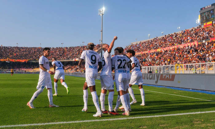 SSC Napoli's Italian forward Gianluca Gaetano celebrates after scoring a goal during the Serie A football match between Lecce and SSC Napoli at the Via Del Mare Ettore Giardiniero Stadium in Lecce, southern Italy, on September 30, 2023.