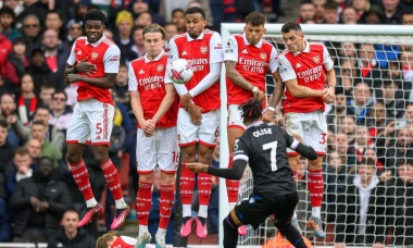 London, UK. 19th Mar, 2023. 19 Mar 2023 - Arsenal v Crystal Palace - Premier League - Emirates Stadium Crystal Palace's Michael Olise fires in a free kick defended by Granit Xhaka, Thomas Partey, Ben White, Gabriel Magalhaes and Rob Holding. Picture Credi