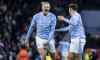 Manchester, England, Nov 28th 2023: Julian Alvarez of Man City celebrates with Erling Haaland after scoring the winning