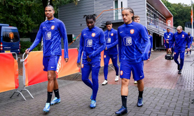 Zeist, Netherlands. 12th Oct, 2023. ZEIST, NETHERLANDS - OCTOBER 12: Calvin Stengs of the Netherlands, Jeremie Frimpong of the Netherlands and Xavi Simons of the Netherlands during a Training Session of the Netherlands Mens Football Team at the KNVB Campu