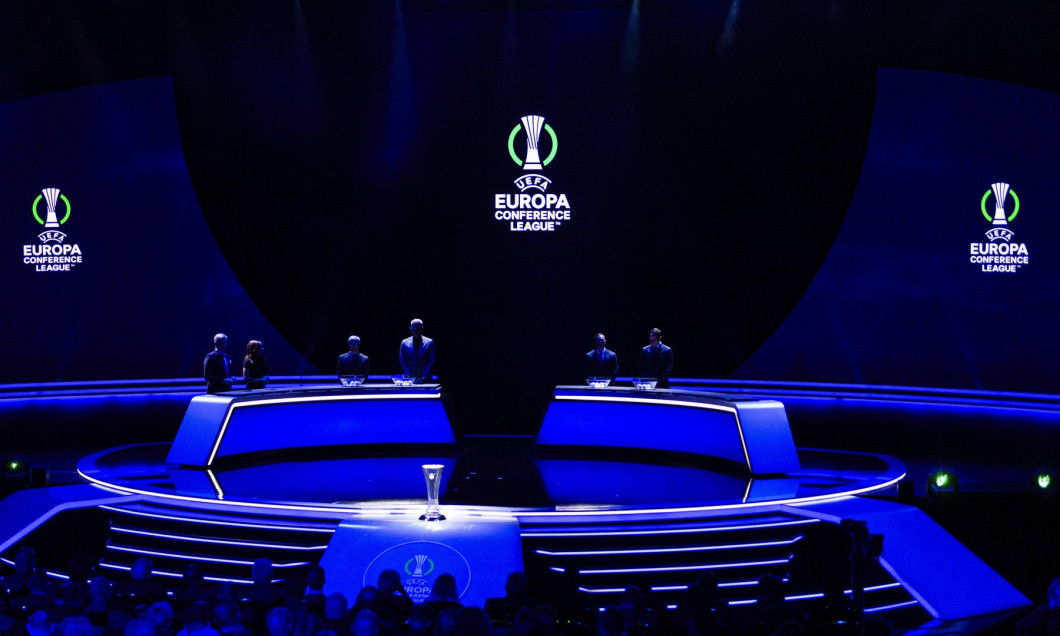 Monaco, Monaco - September 1: UEFA Europa Conference League 2023/24 trophy is displayed at main stage of Grimaldi Forum