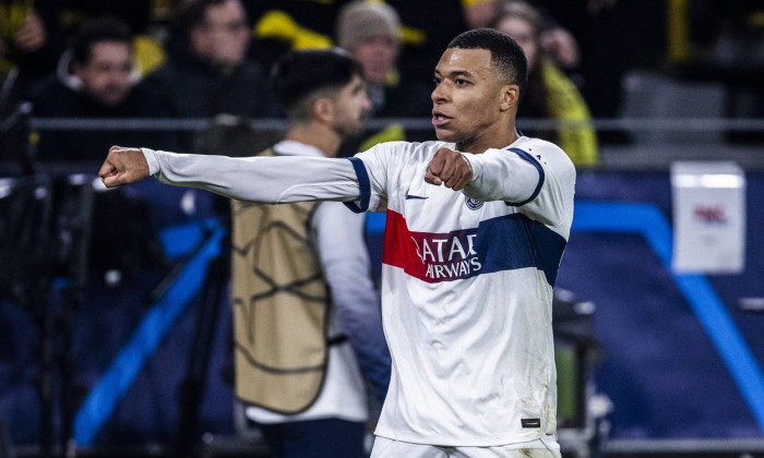 Dortmund, SignaI Iduna Park, 13.12.23: Kylian Mbappe of Paris celebrates during the championsleague match Borussia Dortm