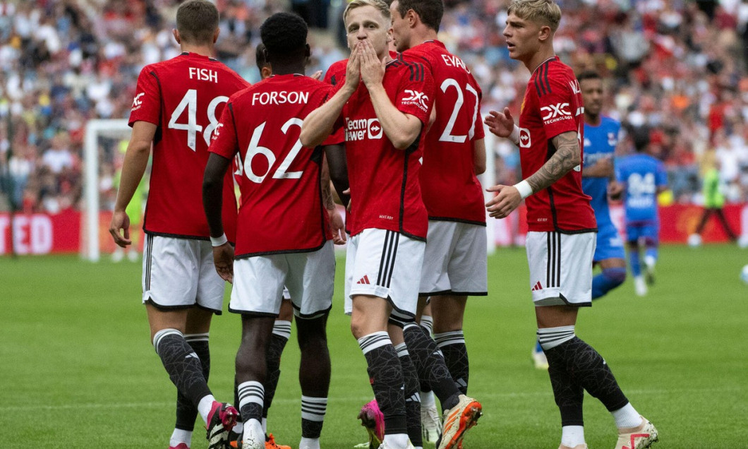 Edinburgh, UK. 19th July, 2023. Pre season friendly - Manchester United FC v Olympique Lyonnais 18/7/2023. Manchester United midfielder, Donny van de Beek, celebrates after putting Man Utd 1-0 ahead in the 49th minute of the match as Manchester United tak