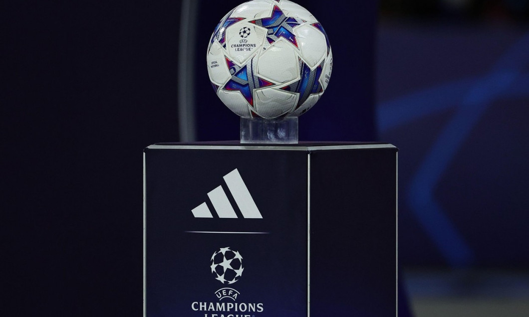 The Adidas official match ball is seen on a pedestal with the Champions League logo prior to the during the Champions League Group C football match between SSC Napoli and SC Braga at Diego Armando Maradona stadium in Naples (Italy), December 12th, 2023.