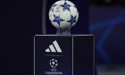 The Adidas official match ball is seen on a pedestal with the Champions League logo prior to the during the Champions League Group C football match between SSC Napoli and SC Braga at Diego Armando Maradona stadium in Naples (Italy), December 12th, 2023.