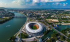 Budapest, Hungary - Aerial panoramic view of Budapest on a sunny summer day, including National Athletics Centre, Rakoczi bridge, Puskas Arena and new