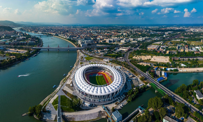 Budapest, Hungary - Aerial panoramic view of Budapest on a sunny summer day, including National Athletics Centre, Rakoczi bridge, Puskas Arena and new