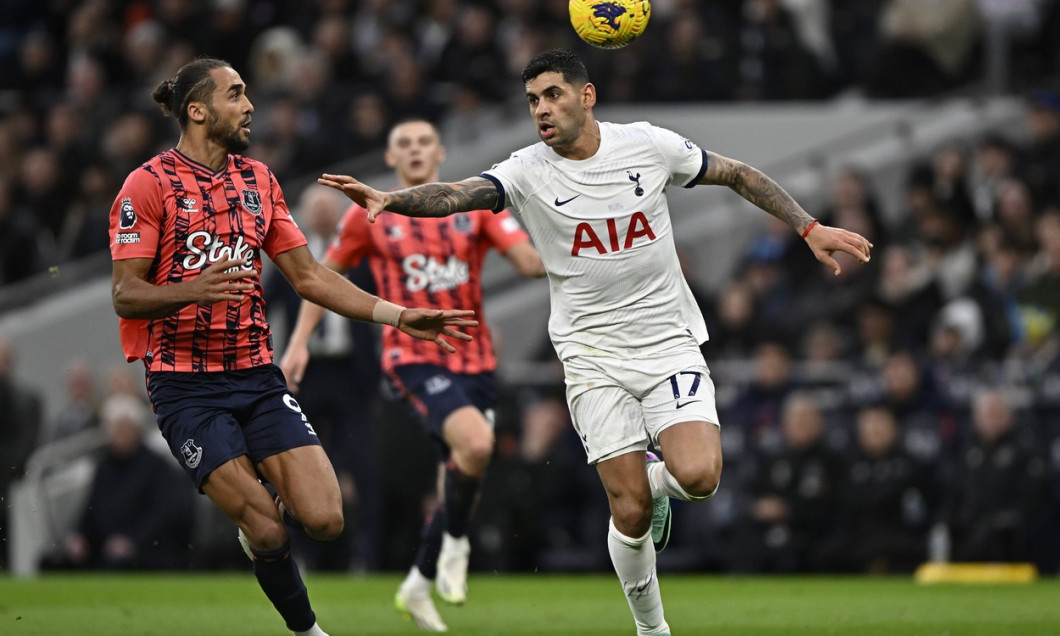 Tottenham V Everton Premier League Cristian Romero (Tottenham) tries to hold off Dominic Calvert-Lewin (Everton) during