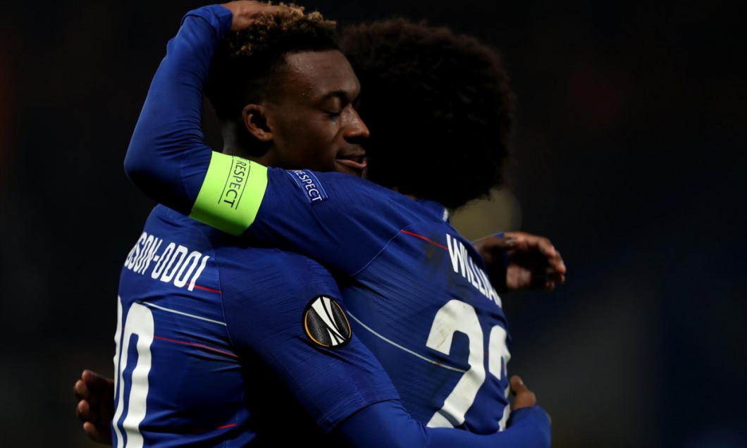 Stamford Bridge, London, UK. 21st Feb, 2019. UEFA Europa League football, Chelsea versus Malmo; Chelsea celebrates with Willian after he scores for 3-0 in the 84th minute Credit: Action Plus Sports/Alamy Live News