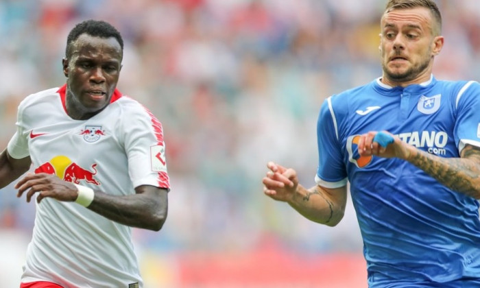 09 August 2018, Germany, Leipzig: Soccer, Europa League qualifications, 3rd round, first leg, RB Leipzig vs CS Universitatea Craiova in the Red Bull Arena. Leipzig's player Bruma (L) and Craiova's Ivan Martic vie for the ball. Photo: Jan Woitas/dpa-Zentra