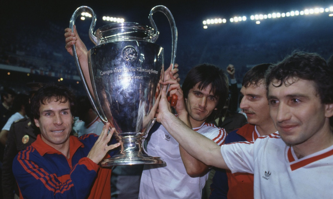 Sport. Football. European Cup Final. Seville. 7th May 1986. Steaua Bucharest 0 v Barcelona 0 ( After Extra Time) Steaua won 2 - 0 on penalties. Bucharest ( including Lacatus, centre back) celebrate with the trophy.