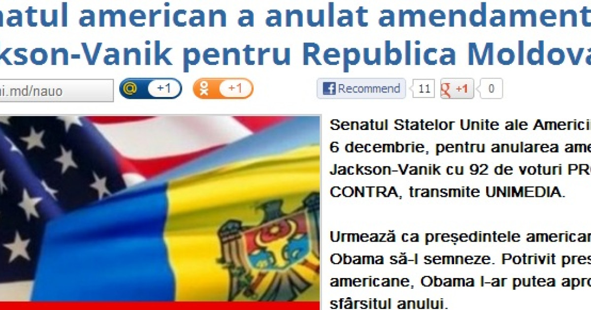 Senatul american a anulat amendamentul JacksonVanik pentru Republica