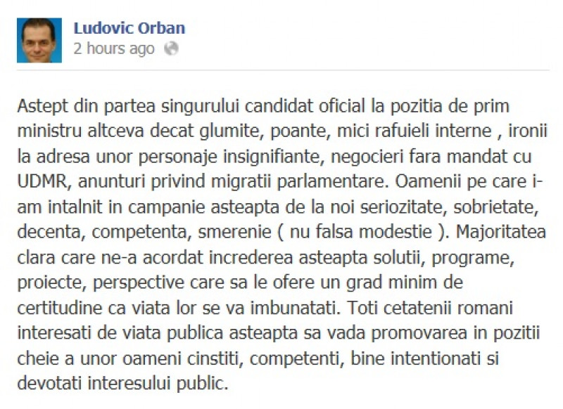 Mesajul lui Ludovic Orban de pe Facebook | facebook.com