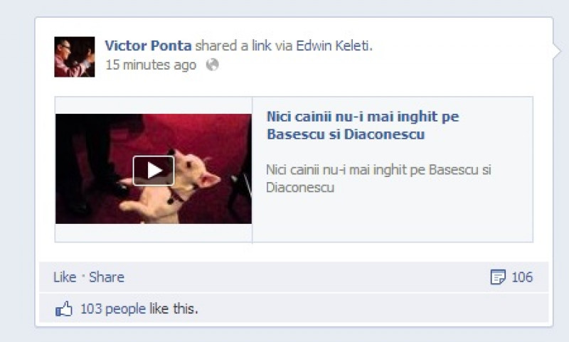 Victor Ponta a dat share pe Facebook unui filmuleț în care un cățel dresat acceptă mâncare numai de la premier |FOTO: FACEBOOK (VICTOR PONTA)