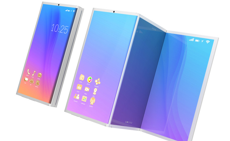 telefon pliabil concept cu mov si roz si albastru pe ecran alb