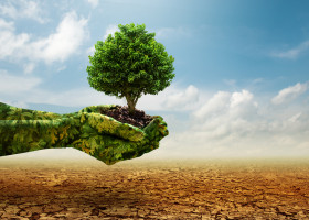 Green,Hands,Holding,Tree,Growing,On,Cracked,Earth.,Saving,Environment