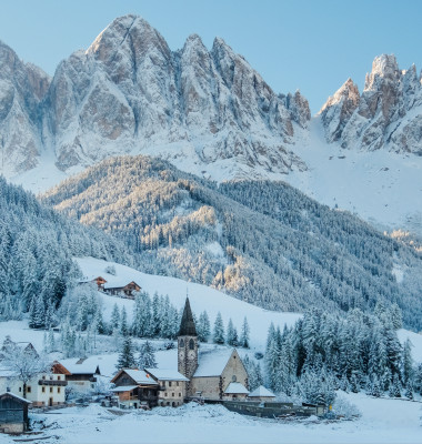 The,Small,Village,Val,Di,Funes,Covered,In,Snow,,With