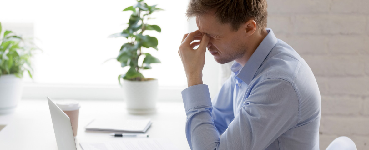 Tired,Businessman,Massaging,Nose,Bridge,,Feeling,Eyes,Strain,,Discomfort,,Exhausted