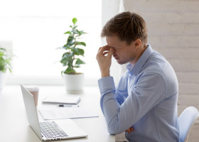 Tired,Businessman,Massaging,Nose,Bridge,,Feeling,Eyes,Strain,,Discomfort,,Exhausted