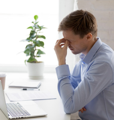 Tired,Businessman,Massaging,Nose,Bridge,,Feeling,Eyes,Strain,,Discomfort,,Exhausted