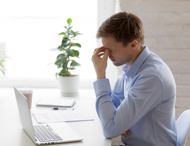 Tired,Businessman,Massaging,Nose,Bridge,,Feeling,Eyes,Strain,,Discomfort,,Exhausted