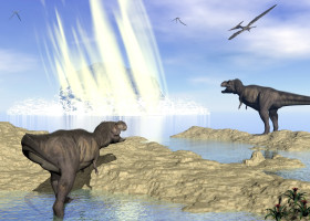 Tyrannosaurus,Rex,And,Pteranodon,Looking,At,Meteorite,Impact,In,Yucatan,
