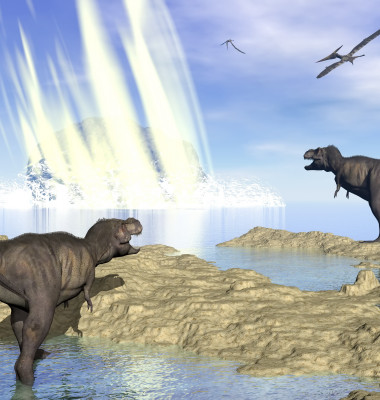 Tyrannosaurus,Rex,And,Pteranodon,Looking,At,Meteorite,Impact,In,Yucatan,