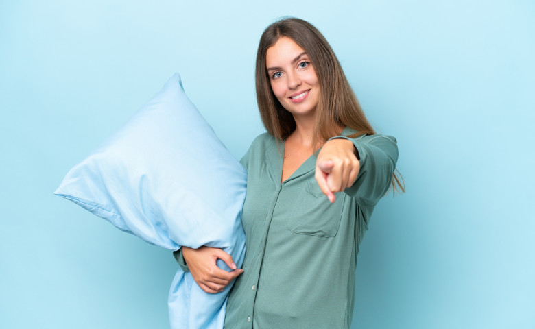 Young,Beautiful,Woman,Isolated,On,Blue,Background,In,Pajamas,And