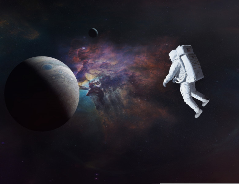 Spaceman,Is,Flying,In,Outer,Space,Close,To,Jupiter,Planet.