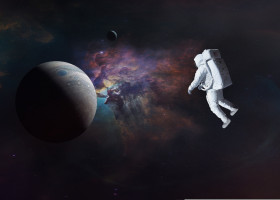 Spaceman,Is,Flying,In,Outer,Space,Close,To,Jupiter,Planet.