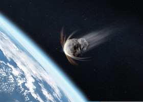 Planet,Earth,And,Big,Asteroid,In,Outer,Space.,Meteorite,In