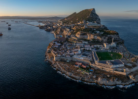 Gibraltar,On,The,Beach,,Aerial,Panorama,View,,Summer,At,Sunset