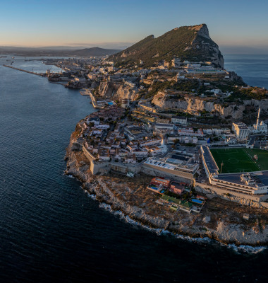 Gibraltar,On,The,Beach,,Aerial,Panorama,View,,Summer,At,Sunset