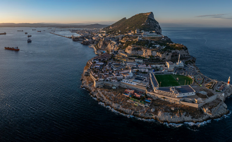 Gibraltar,On,The,Beach,,Aerial,Panorama,View,,Summer,At,Sunset