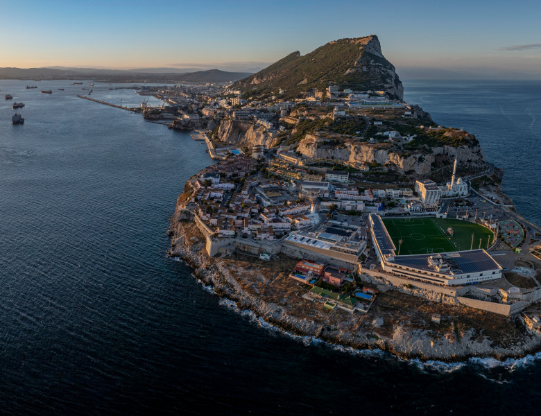 Gibraltar,On,The,Beach,,Aerial,Panorama,View,,Summer,At,Sunset