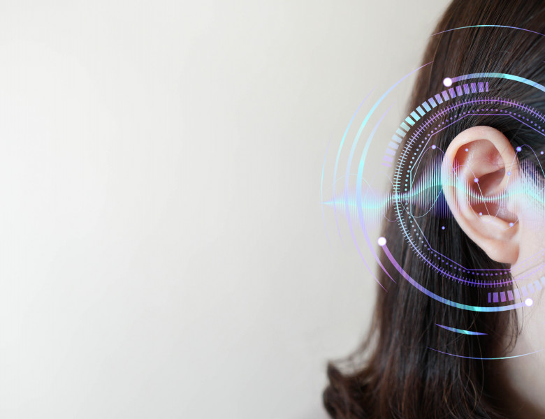 Ear,Of,Young,Woman,With,Sound,Waves,Simulation,Technology.,Concept