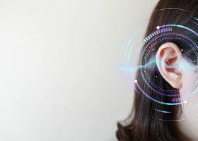 Ear,Of,Young,Woman,With,Sound,Waves,Simulation,Technology.,Concept