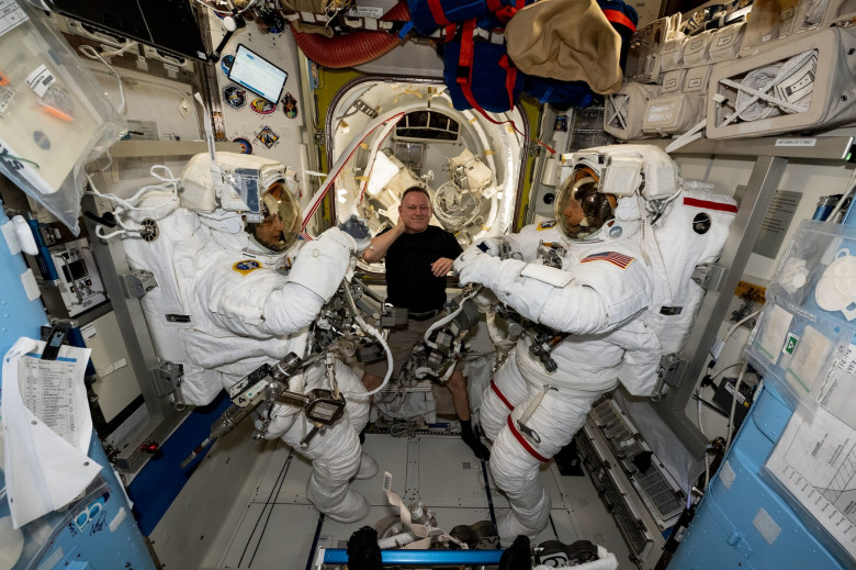 Astronauts practice suiting up in prep for spacewalk