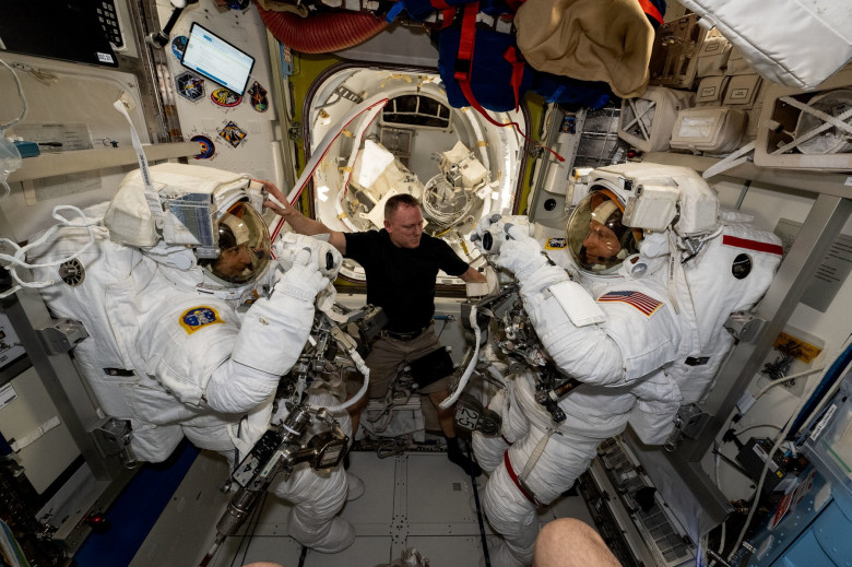 Astronauts practice suiting up in prep for spacewalk