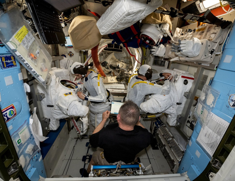 Astronauts practice suiting up in prep for spacewalk