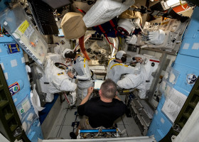 Astronauts practice suiting up in prep for spacewalk