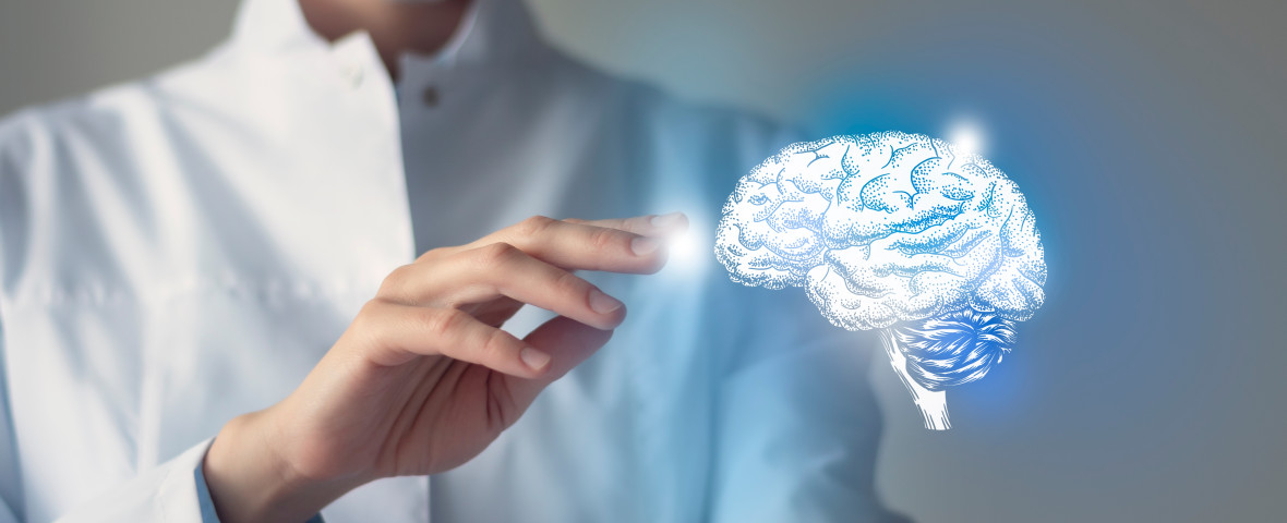 Female,Doctor,Touches,Virtual,Brain,In,Hand.,Blurred,Photo,,Handrawn